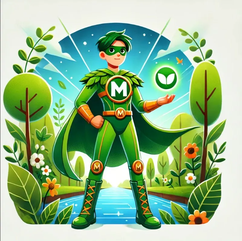 Ilustrație: supererou verde cu sigla reciclării, înconjurat de natură