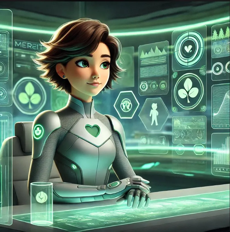 Ilustrație: specialistă în protecția mediului lucrând la un panou digital cu indicatori de mediu